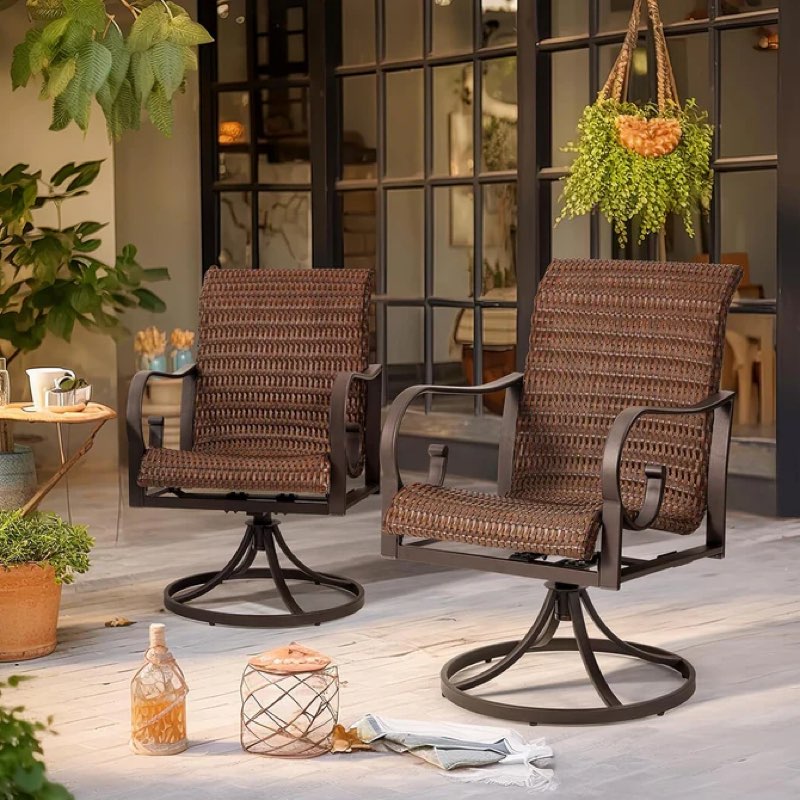 EROMMY Patio Swivel Chairs Set Of 2, Heavy Duty Outdoor Dining Chair With 23.5'' High Back, Extra-Large Water-Fall Seat, Rattan Wicker Porch Chair, Dark Brown