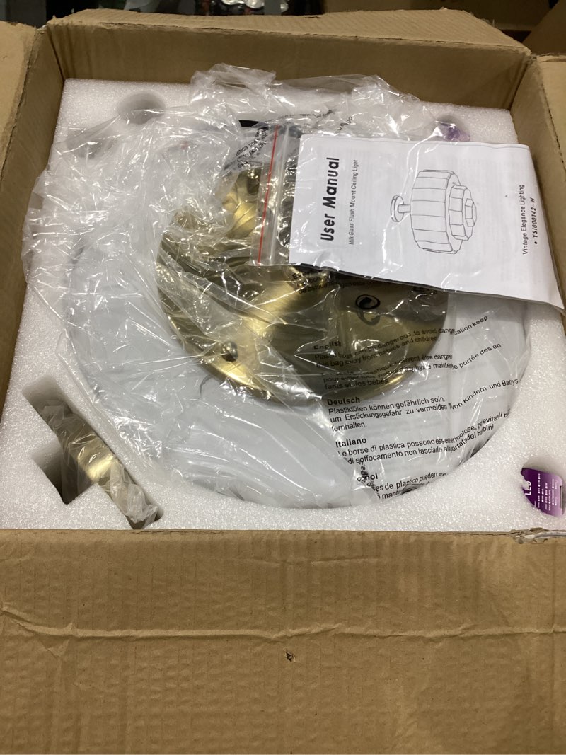 Condition photo showing As Is for milk glass ceiling light fixture - 13.7'' antique gold semi-flush mount ceiling light for bedroom, foyer, living room, bar counter, includes 3x e12 bulbs (white 13.7 inch) white ceiling light 13.7