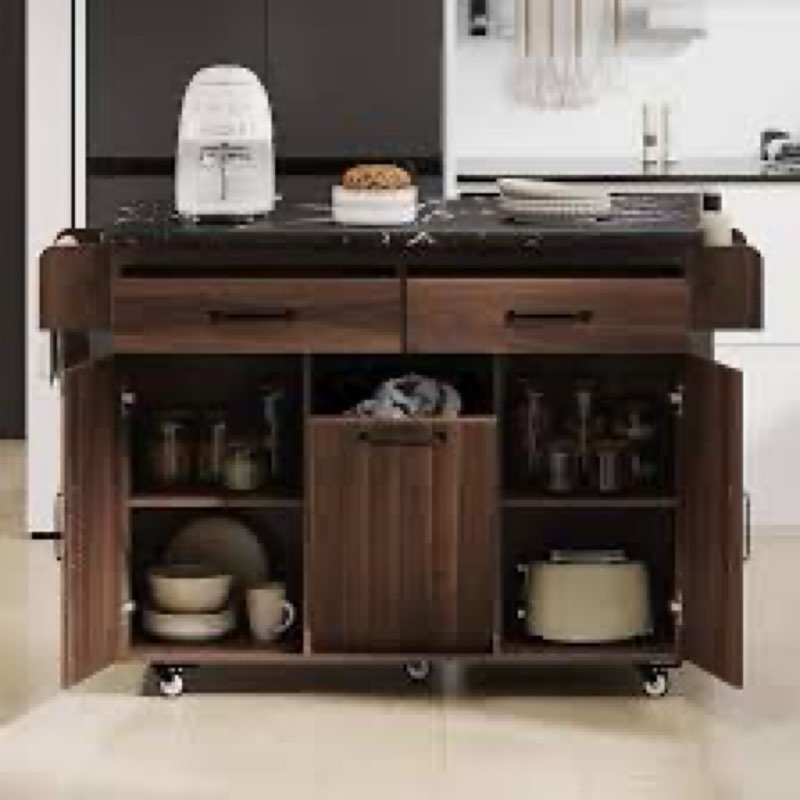 Kitchen Island with Trash Can Storage, 52" Large Kitchen Island Cart with Pull Out Spice Rack, Rolling Portable Islands for Kitchen