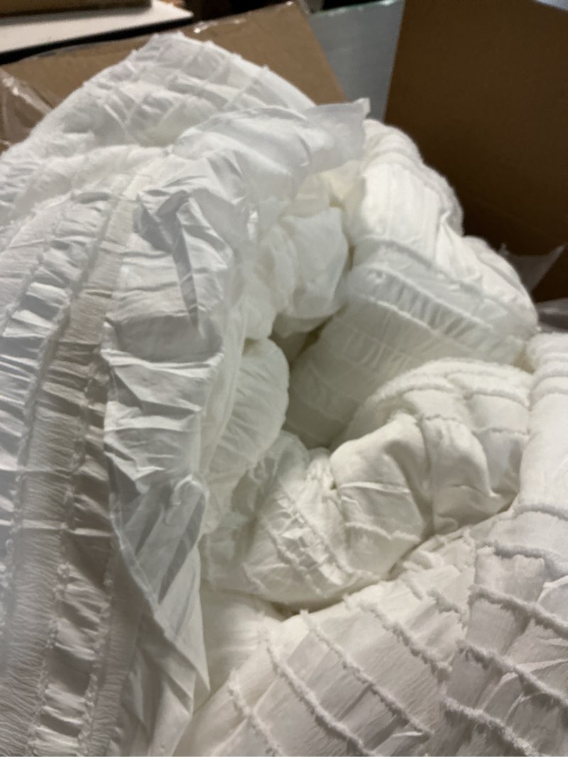 Condition photo showing Good Condition for WONGS BEDDING Queen Comforter Set,White Cute Ruffle Comforter for Queen Bed, 7 Pieces Bed in a Bag Seersucker Shabby Chic Bedding Set 90"×90" White Queen