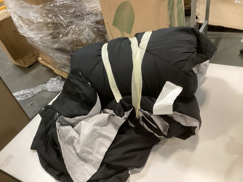 Condition photo showing As Is for downluxe King Size Comforter Set - Black and Grey King Comforter, Soft Bedding Sets for All Seasons -3 Pieces - 1 Comforter (104"x92") and 2 Pillow Shams(20"x36") Black/Grey King