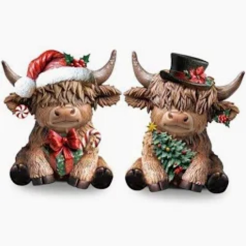 Beeveer 2 Pcs Highland Cow Figurines 4.3inch Christmas Poinsettia Candy Cane Highland Santa Hat Cow 
