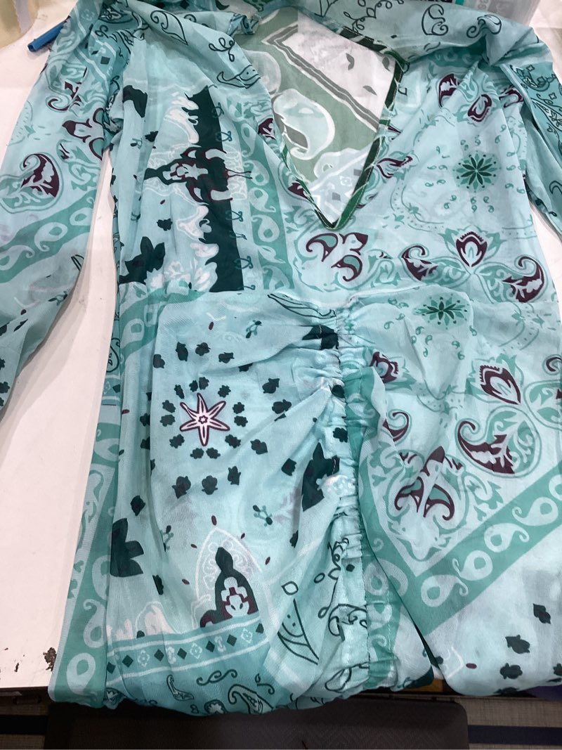 Condition photo showing Good Condition for women's sheer mesh cover ups long sleeve bodycon ruched beach dress for swimwear turquoise-a large
