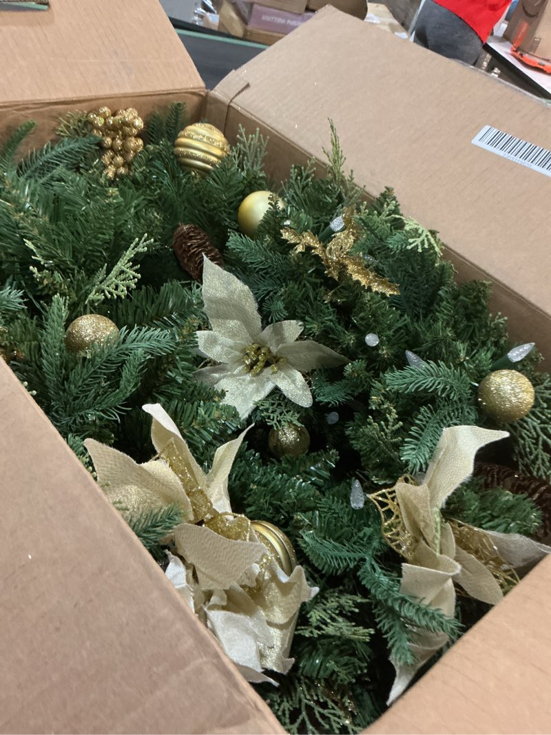 Condition photo showing Good Condition for Pre-lit 9ft Christmas Garland with Gold Berries and Balls,Pine Cone,Golden Flower and 50 Battery Operated Soft White LED Lights with Timer,Artificial Holiday Decoration Door Outdoor Gold Battery Operated