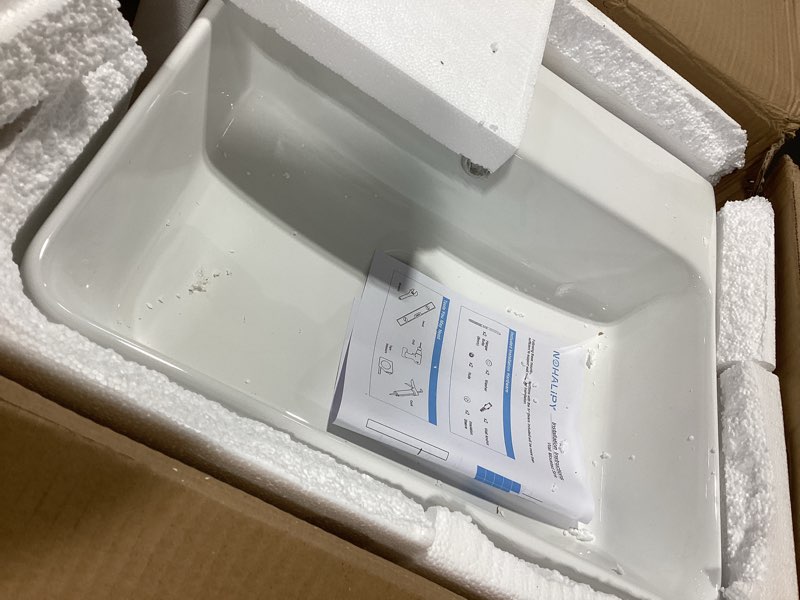 Condition photo showing Good Condition for nohalipy 18.1 x 16.5 inch modern white rectangle wall mounted bathroom sink, mini floating bathroom vessel sinks, small porcelain corner wall mount sink for rvs, restroom, toilet