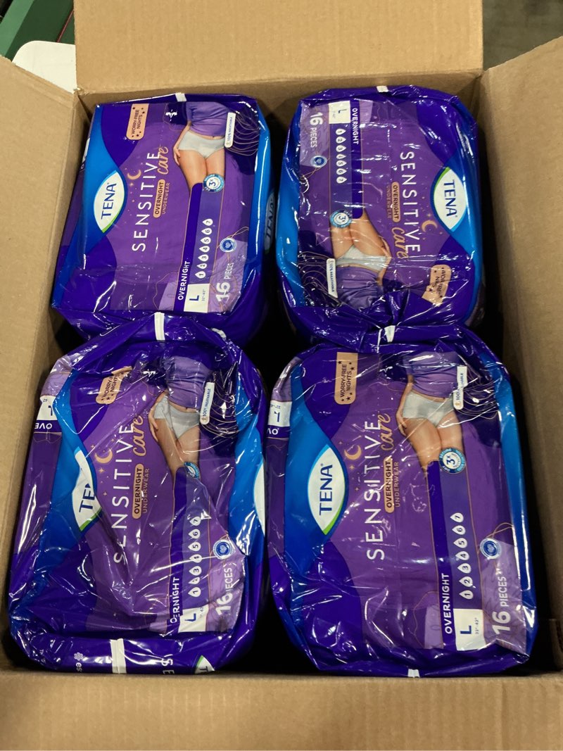 Condition photo showing New/Like New for tena sensitive care overnight incontinence underwear, women, l 32-42in 64ct | bladder control underwear designed for overnight protection with triple proection for odor, leakage security, and dryness large 64