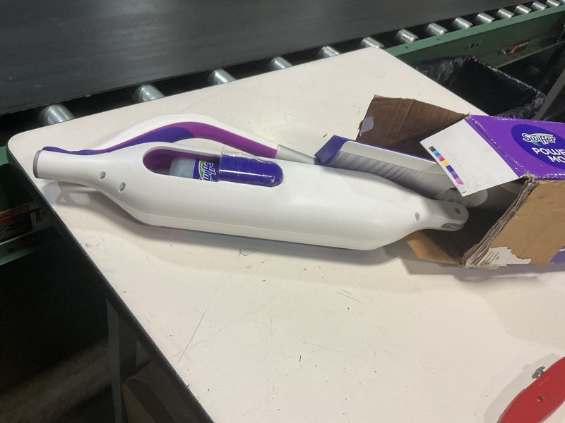 Condition photo showing New/Like New for swiffer powermop multi-surface mop kit for floor cleaning, includes powermop, 2 mopping pad refills, 1 cleaning solution with fresh scent and 2 batteries purple and white