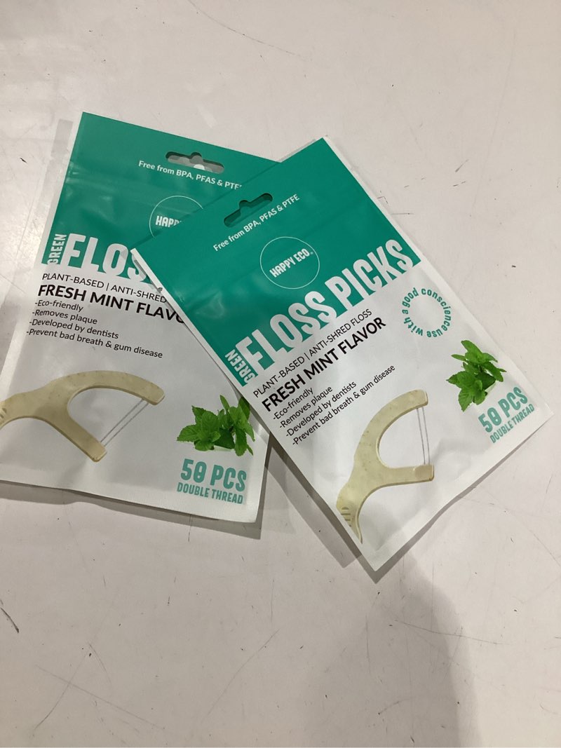 Condition photo showing New/Like New for dental floss picks for teeth (100) - double thread tooth picks flossers for adults, toothpicks floss, vegan corn-straw handle, shred-resistant string for interdental oral care & gum health, mint mint 50 count (pack of 4)