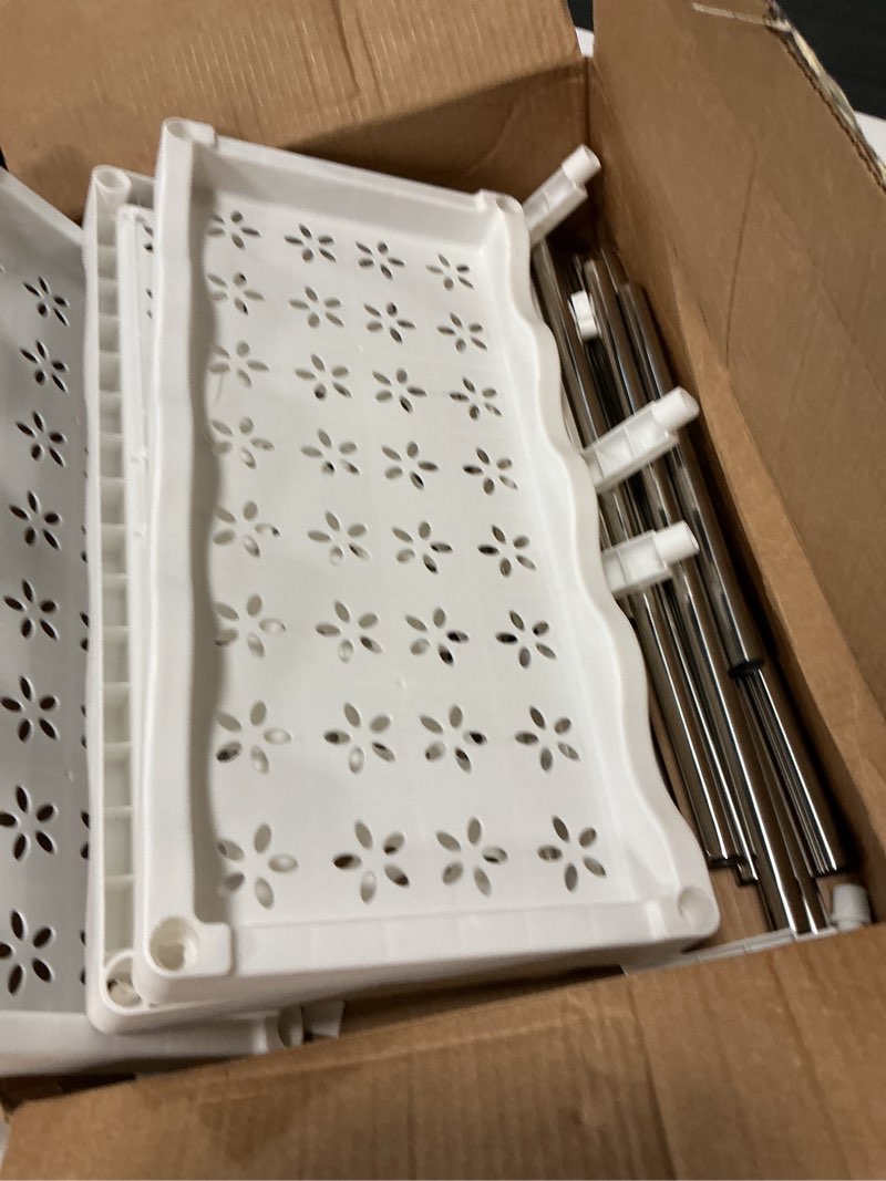 Condition photo showing As Is for lifewit plastic stackable storage baskets, 4 tier stacking bins for closet wardrobe, playroom, kitchen and pantry organization, large capacity multi-functional stackable storage containers shelves