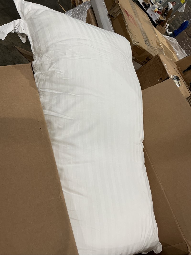 Condition photo showing As Is for downluxe goose feather and down pillows - hotel collection feather pillows set of 2 for back, stomach or side sleepers, king size (20"x36") classic horizontal stripes king (pack of 2)