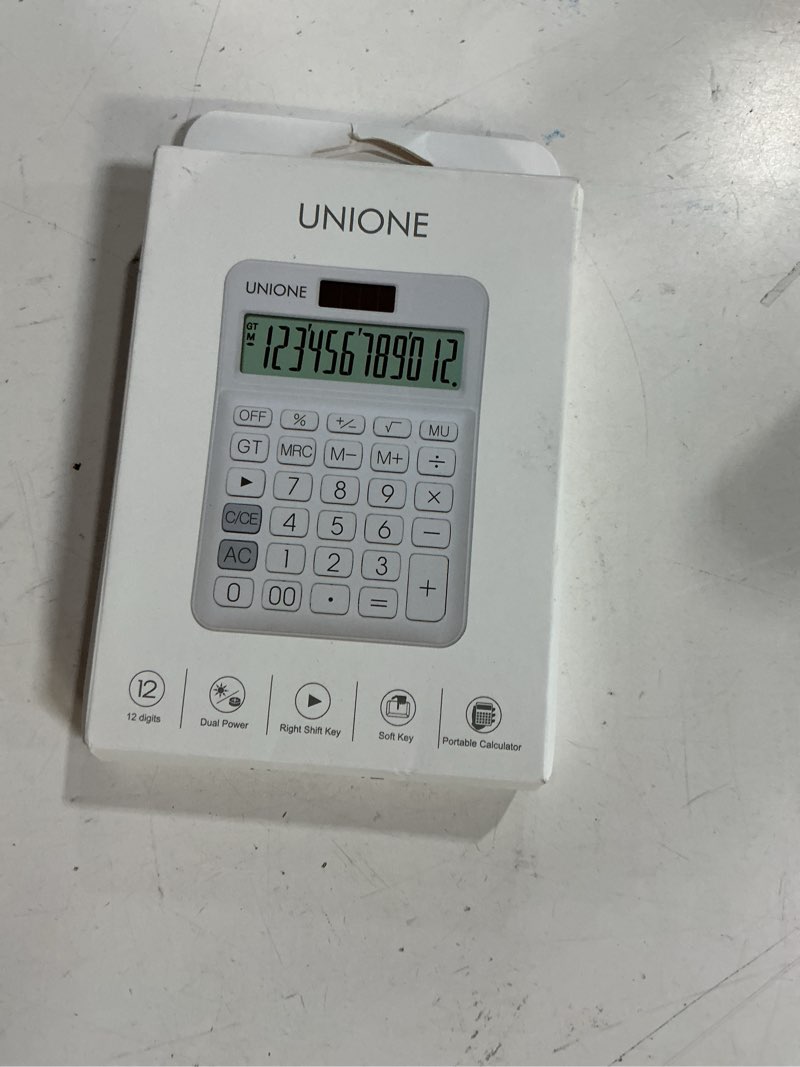 Condition photo showing New/Like New for UNIONE Calculator with a Bright LCD, Dual Power Handheld Desktop. Color. Business, Office, High School White