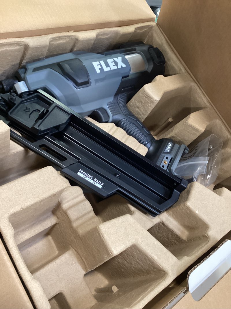 Condition photo showing As Is for FLEX 24V Brushless 30° Framing Nailer Kit with 5.0Ah Lithium Battery and 160W Fast Charger - FX4351B-1C
