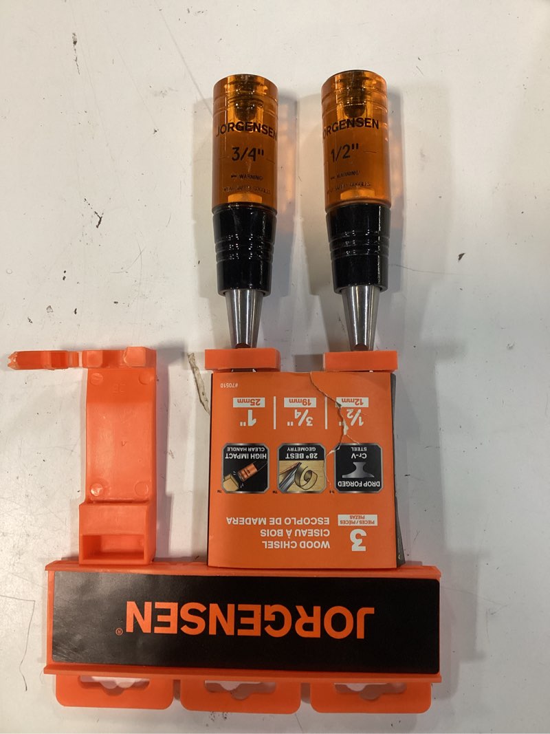 Condition photo showing As Is for missing the 3/4 jorgensen 3-pack woodworking chisels set