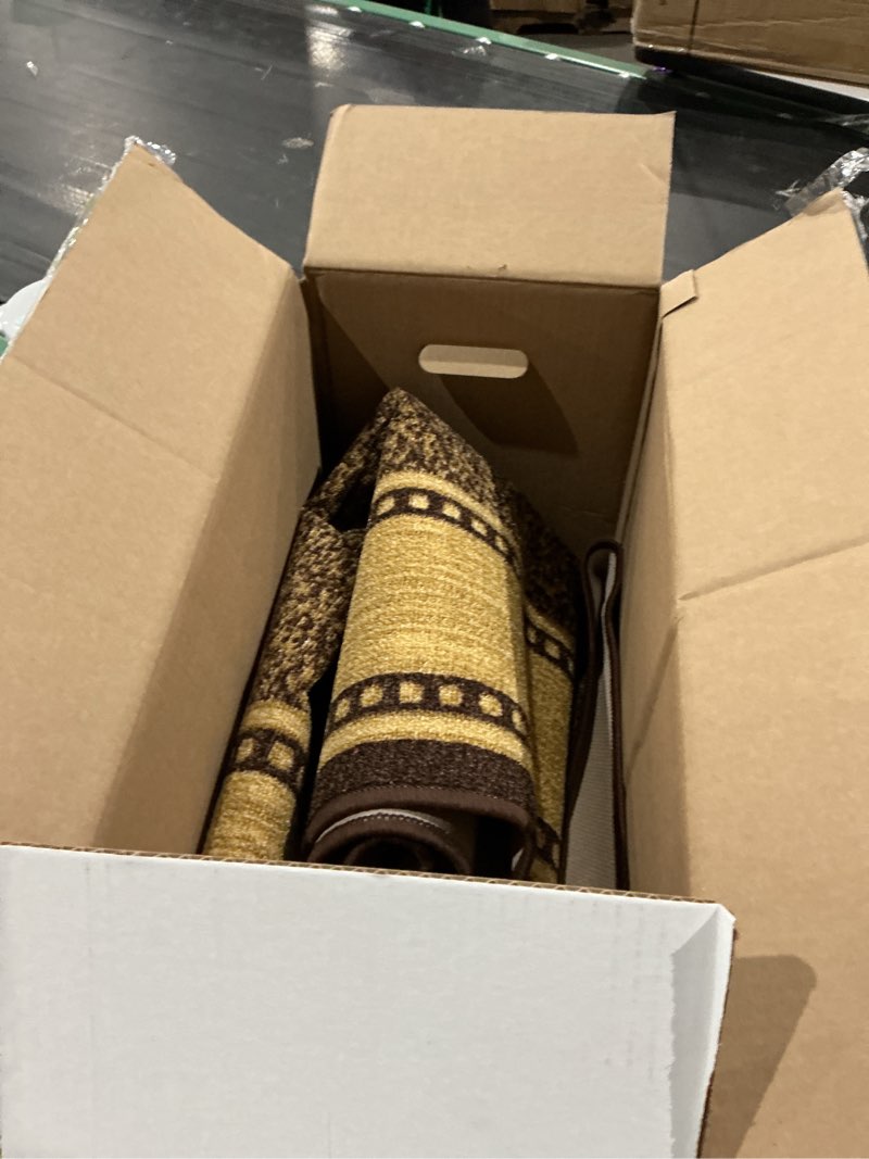 Condition photo showing As Is for kapaqua custom size brown gold beige bordered rubber backed non-slip hallway stair runner rug carpet 22 inch wide choose your length 22in x 8ft bordered brown 22in x 8ft