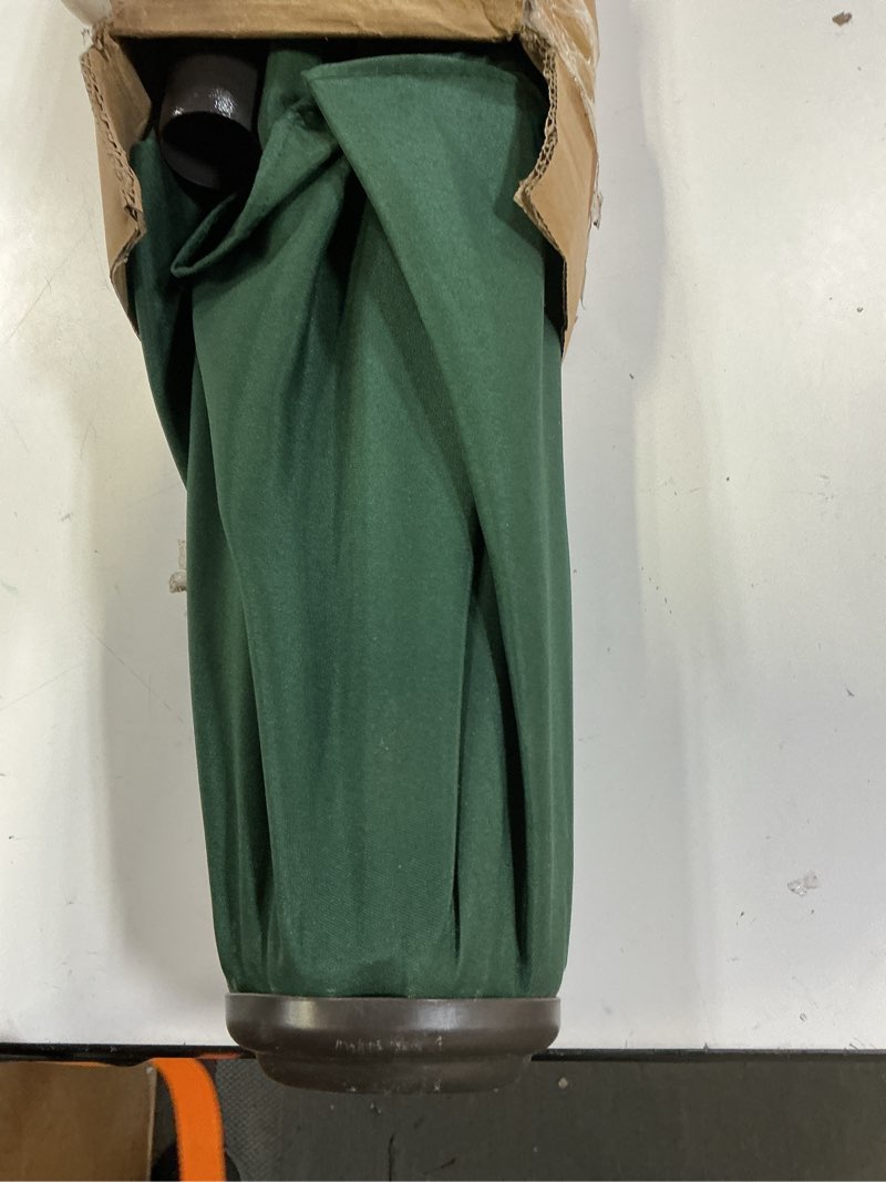Condition photo showing As Is for blissun 9' outdoor patio umbrella, outdoor table umbrella, yard umbrella, market umbrella with 8 sturdy ribs, push button tilt and crank dark green