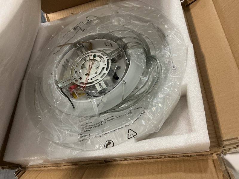 Condition photo showing Good Condition for O'NEELDY Modern LED Chandeliers White Pendant Light Fixture 3 Ring Flush Mount Chandeliers with Adjustable Hanging Cord for Bedroom,Kitchen, Island Cafe White, Stellar Rings Chandelier