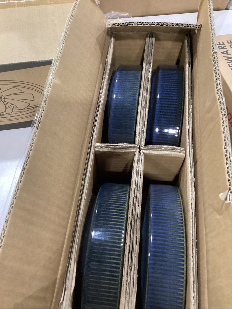 Condition photo showing Good Condition for e-far pasta bowls set of 4, 35oz large salad bowl plate for dinner serving, wide & shallow ceramic stoneware pasta plates, microwave & dishwasher safe, reactive glaze textured stripes, dark blue 4 starry blue