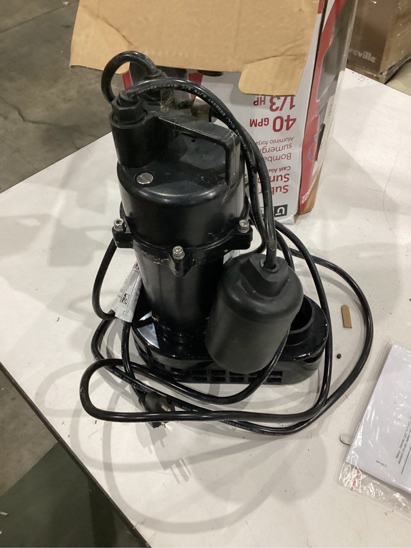 Condition photo showing As Is for utilitech cast aluminum submersible sump pump 1/3 hp 40 gpm 0955622 9ft cord