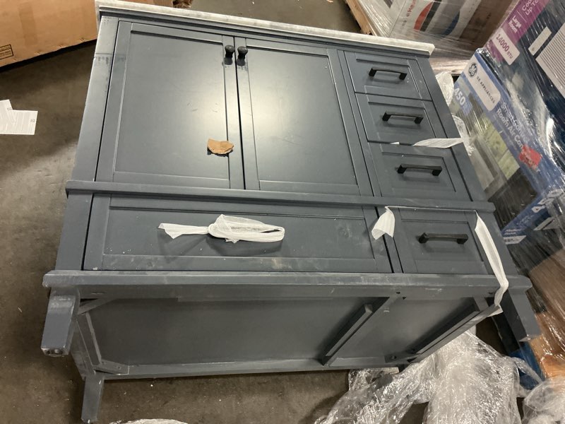 Condition photo showing As Is for (incomplete)home decorators collection merryfield 37 in. single sink freestanding dark blue-grey bath vanity with white carrara marble top