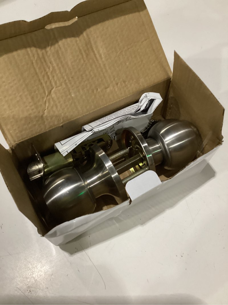 Condition photo showing As Is for bestten keyed entry door knob with lock, heavy duty interior and exterior door lock, standard ball, satin nickel 1 satin nickel