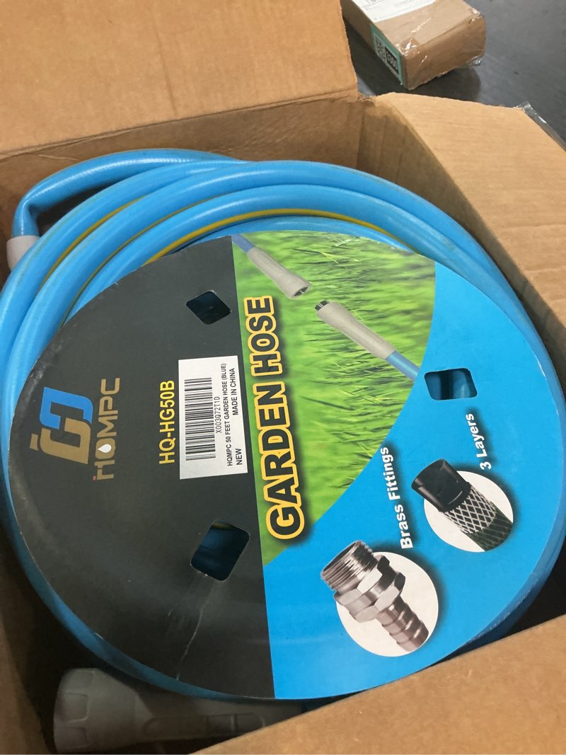 Condition photo showing As Is for hqmpc hose garden hose with 5/8 in. x 50 ft., water hose for garden lawn watering heavy duty durable material water hose solid brass fittings with nozzle (blue) 50 feet with nozzle blue