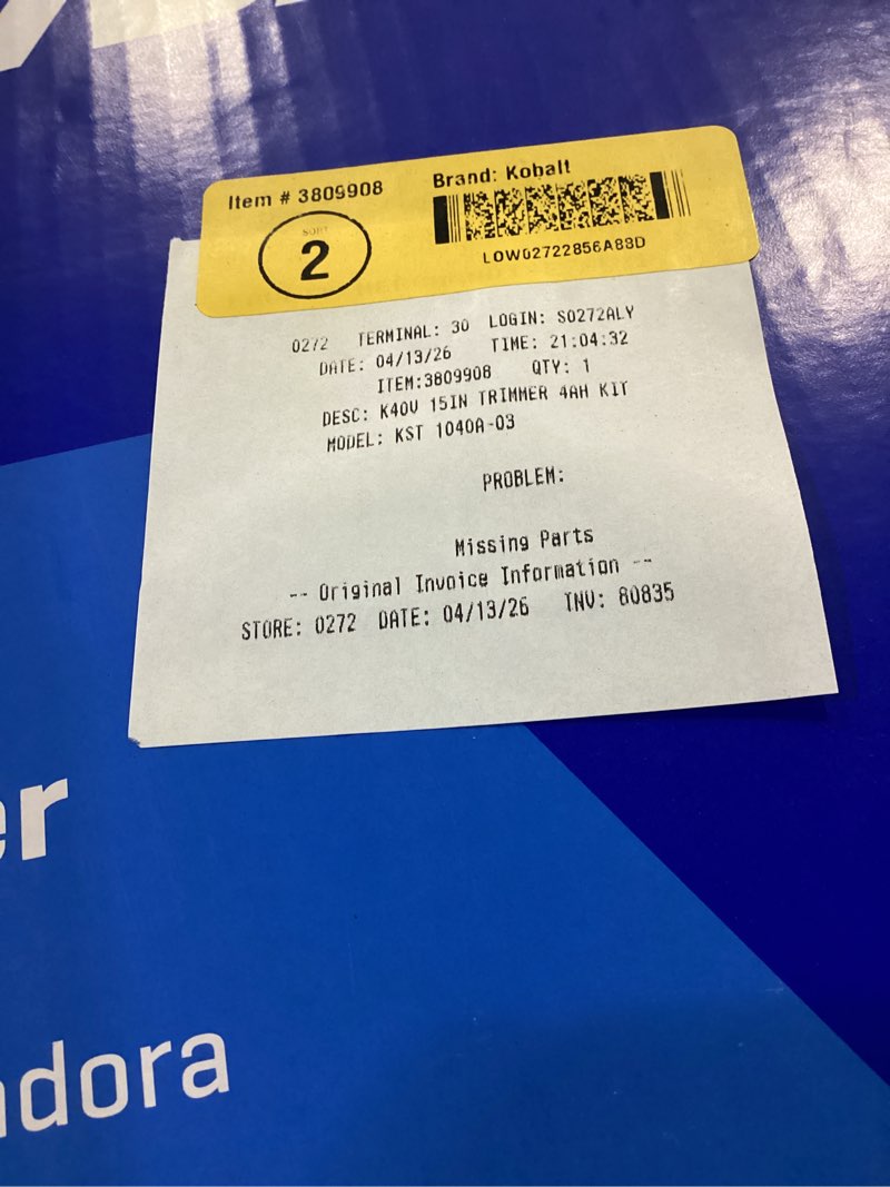 Condition photo showing As Is for kobalt gen4 40-volt 15-in straight shaft battery string trimmer 4 ah (battery and charger included)