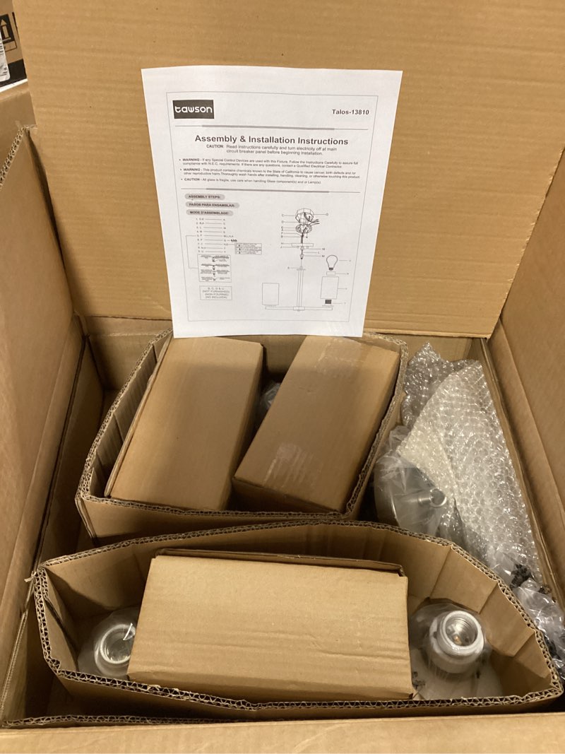 Condition photo showing New/Like New for Talos 3-Light Convertible Chandelier with Brushed Nickel Satin Etched Glass Shade Adjustable Pendant Height for Hallway, Entryway, Passway, Dining, Bedroom, Kitchen, Balcony Living Room 3-Light Chandelier