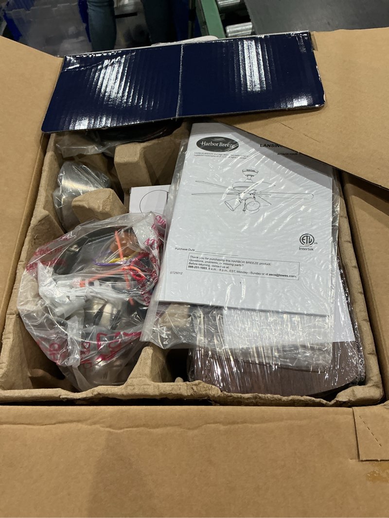 Condition photo showing New/Like New for harbor breeze lansing 42-in brushed nickel indoor downrod mount ceiling fan with light kit