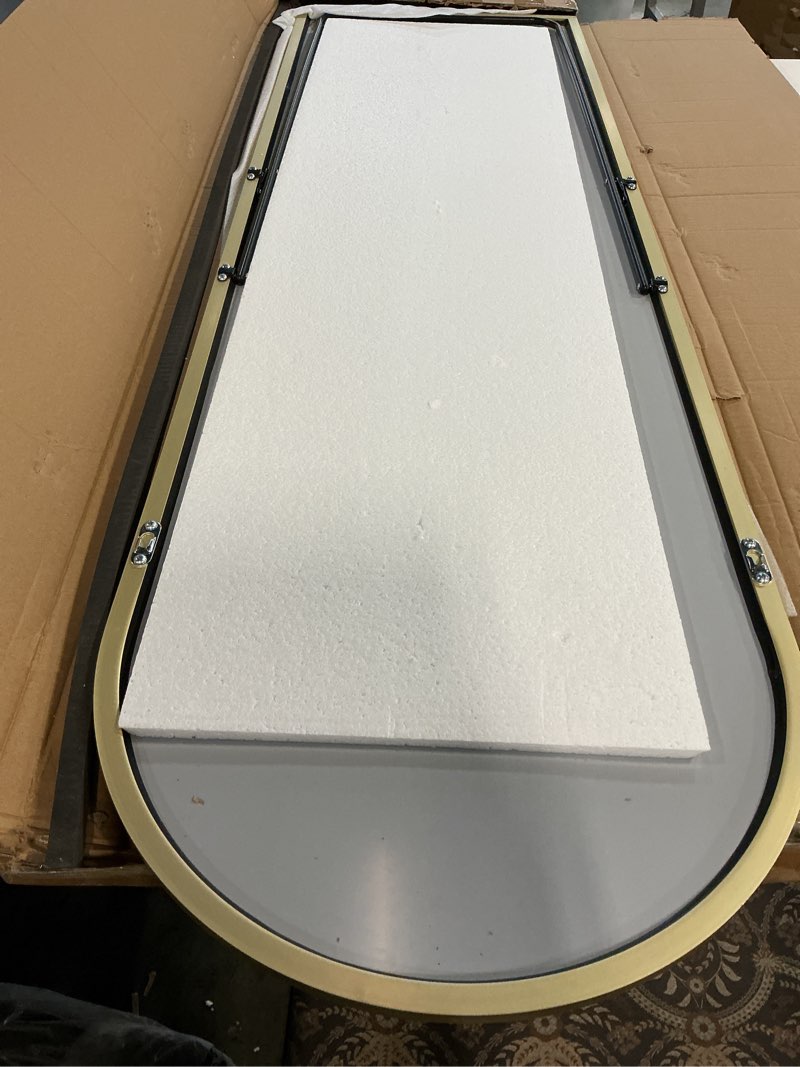 Condition photo showing Good Condition for 57\"x17\" inch full length mirror with stand, arched aluminum frame wall mirror & freestanding hanging mounted mirrors, tempered glass full body mirrors for bedroom, living room decor,gold arch-gold 55\"l x 16\"w