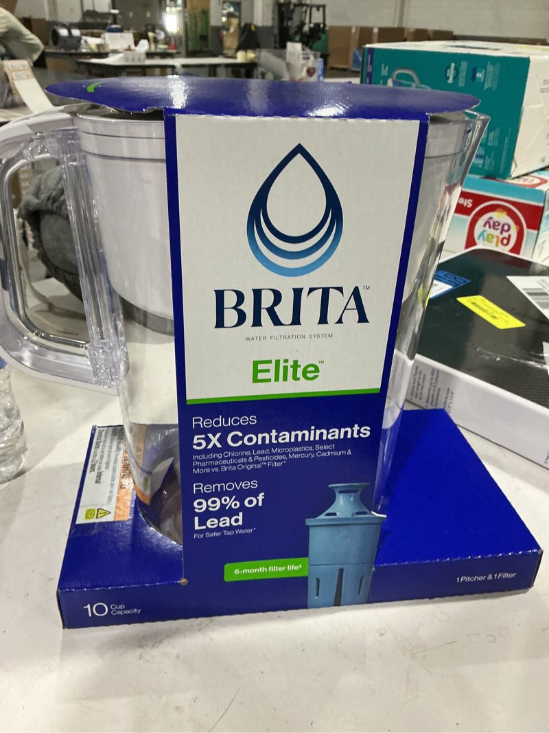 Condition photo showing As Is for brita elite 10-cup, white plastic water filtration pitcher, reduces lead