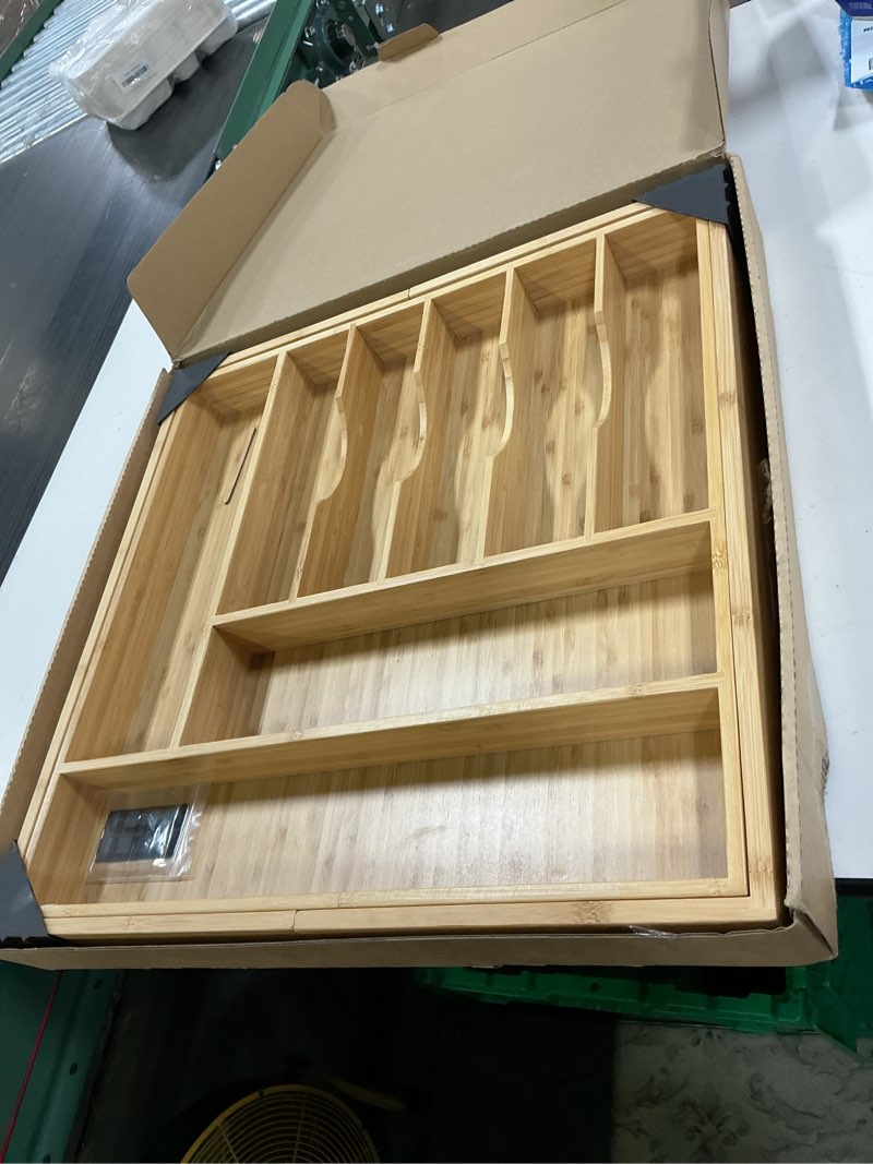 Condition photo showing New/Like New for umilife extra large expandable kitchen siverware utensils drawer organizer, 19" deep for big drawer, adjustable bamboo wood drawer divider with curved grooves, cutlery tray flatware holder