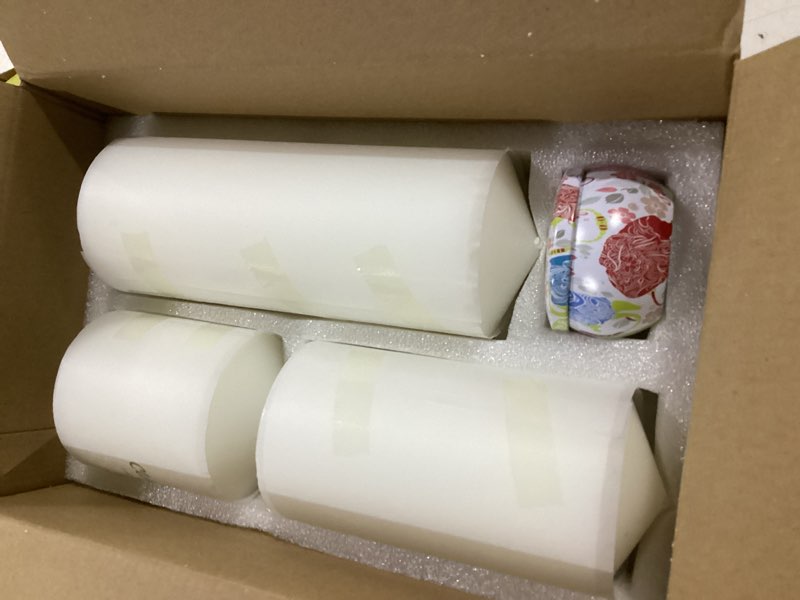 Condition photo showing Good Condition for set of 3 different sizes white pillar candles, dripless unscented 3x4 3x6 3x8 inch large cylinder column candles for home table decor power outage emergency