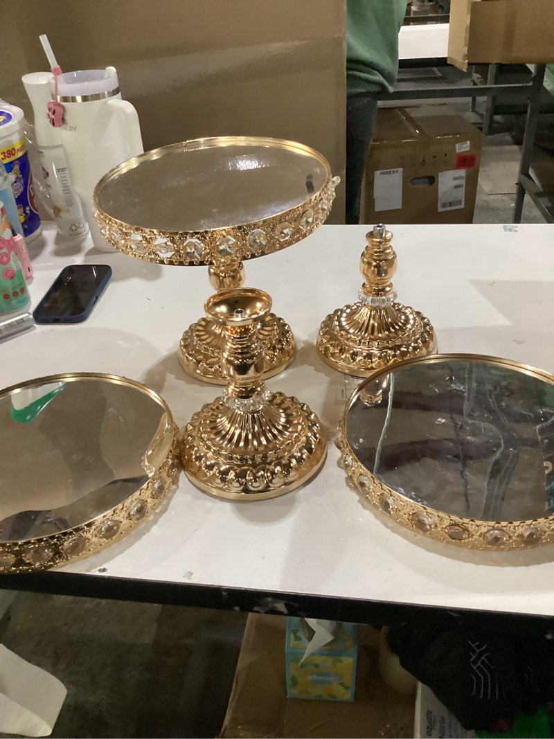 Condition photo showing As Is for Allgala Wedding Cake Stands 3-Piece Set Crystal Gold Plated Cheese Dessert Cupcake Cake Stand with Mirror Plate-Gold Round with Bases-HD89201