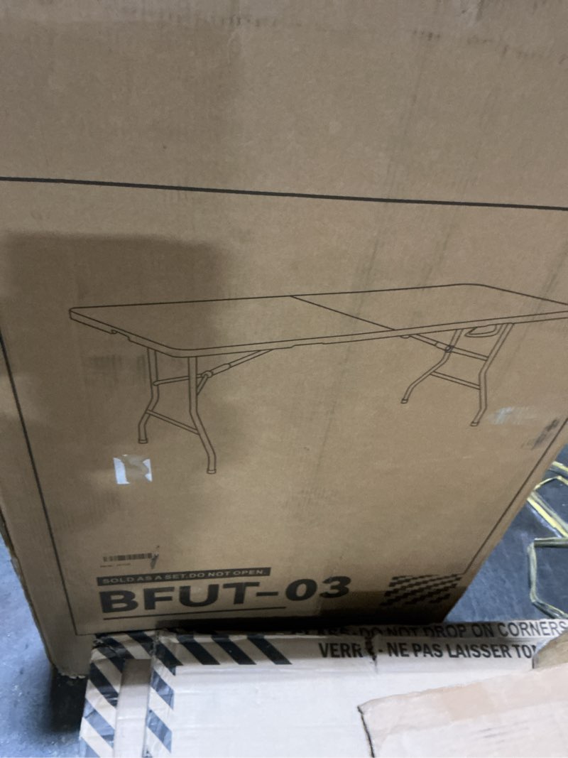 Condition photo showing As Is for Elevon 8 Feet Heavy Duty Folding Table with Adjustable Height, Fold-in-Half Portable Table for Indoor Outdoor Use - Camping, Picnic, Party, Wedding, Dining, Utility Table 8 feet Without Chair