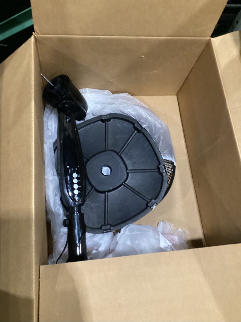 Condition photo showing As Is for amazon basics 16" pedestal fan with remote for bedroom, living room, office, adjustable height, dual-layered blades, 3 speeds, 3 modes, timer, tilt head, 60w, black 3-speed, ac motor