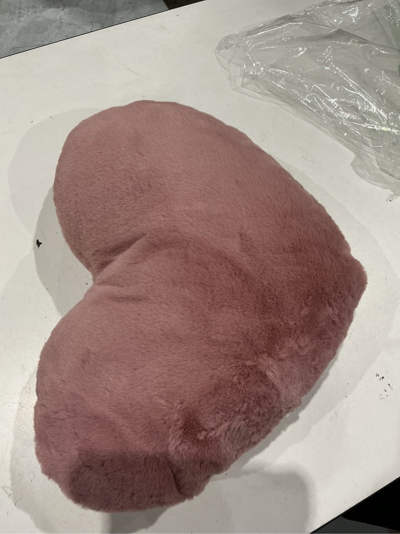 Condition photo showing Good Condition for tache pink heart shaped pillow - faux fur white fleece valentine's romantic super soft stuffed light blush dusty rose furry pillow 16x14 pink heart pillow