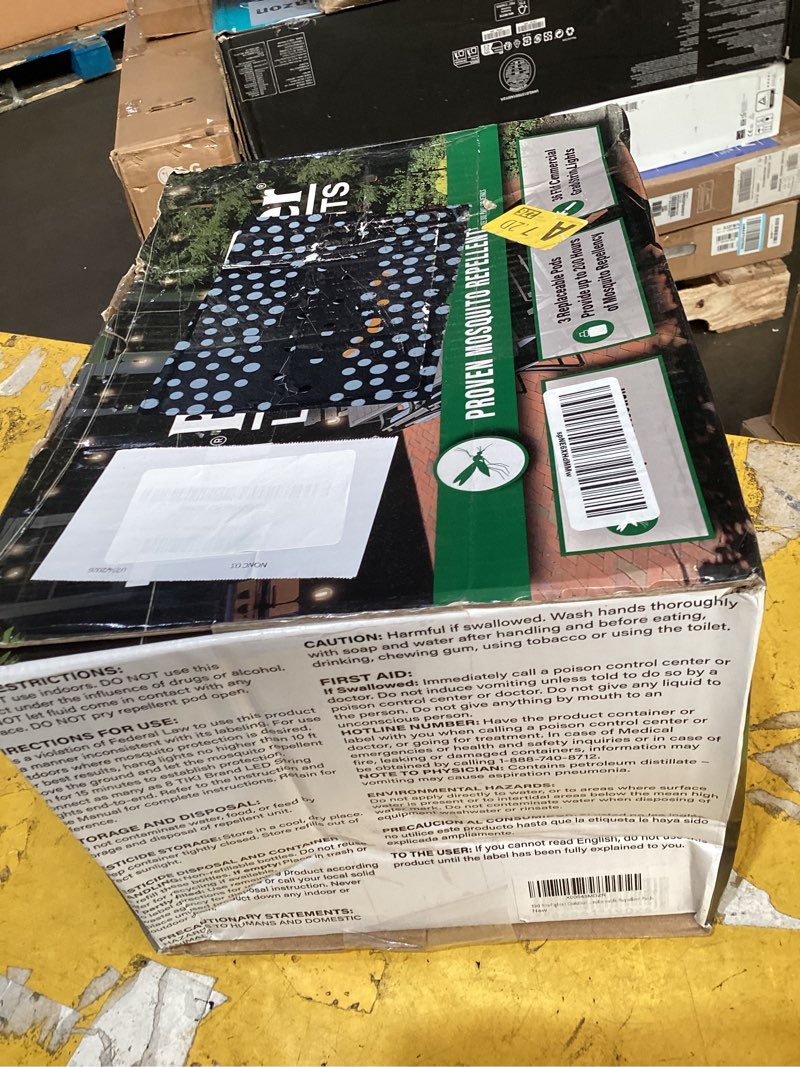Condition photo showing As Is for tiki bitefighter outdoor led weatherproof proven mosquito repellent string lights 36 ft, includes 3 replaceable repellent pods lights with 3 pods
