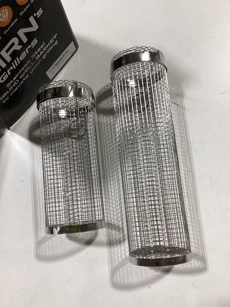 Condition photo showing Good Condition for 2 pack stainless steel cart set: large rolling grilling baskets for bbq vegetables, meat and others - outdoor grilling, made in the usa, bbq net tube for veggies (1large 1medium)