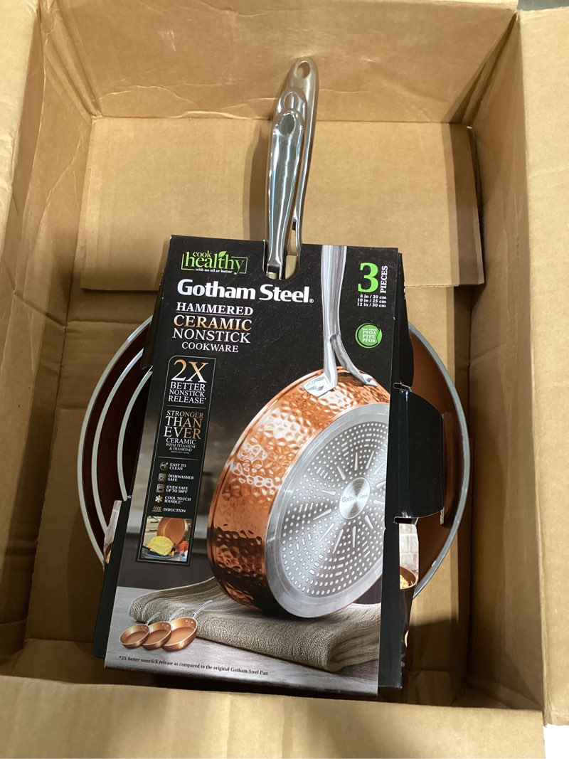 Condition photo showing Good Condition for gotham steel hammered frying pan set, 3 piece nonstick copper fry pans, 8”, 10” & 12” skillet, omelet pan, cookware, pfoa free, dishwasher safe, cool touch handle 3 piece set (8 inch, 10 inch, 12 inch)