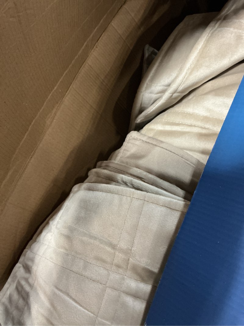 Condition photo showing As Is for evergrace 3 pieces luxurious velvet quilt king size, ultra soft bedspread coverlet set, double box stitch lightweight velvet comforter for all season with 2 shams, beige, 108"x96" double box stitch beige king (108"x96")