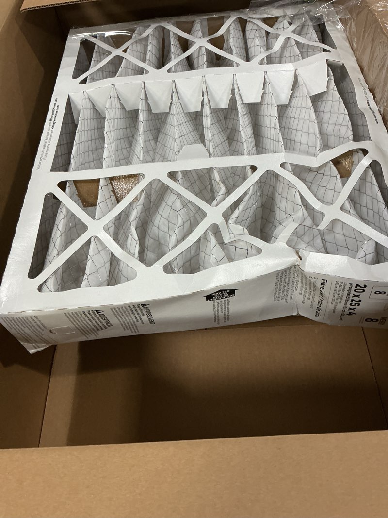 Condition photo showing As Is for honeywell home 20x25x4 merv 8, ac furnace air filter, 3 pack (cf100a1025-3pkam) (actual dimensions: 19.94 x 24.87 x 4.38 in.) 4.4" x 25" x 20"