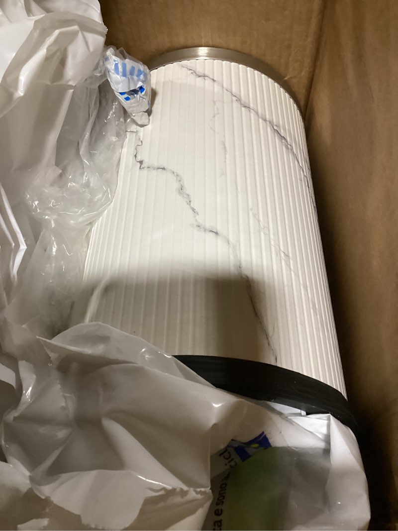 Condition photo showing As Is for 9L/2.3GAL Small Trash Can with Swing Lid,Fancy Gold Waste Paper Baskets for Bathrooms,Gold Small Trash Can for Bathroom,Bedroom, Powder Room,Office,Laundry Room (9L-Wash Painting)