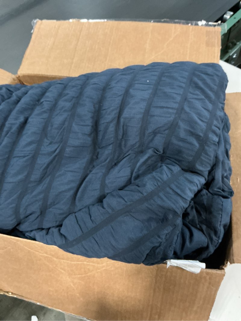 Condition photo showing As Is for ( incomplete missing piece) CozyLux Full Size Comforter Sets with Sheets Seersucker 1 Pieces Navy Blue Bed in a Bag Textured Luxury Soft Bedding Set with Down Alternative Comforter, Sheets, Pillowcases & Shams for All Seasons Navy Full