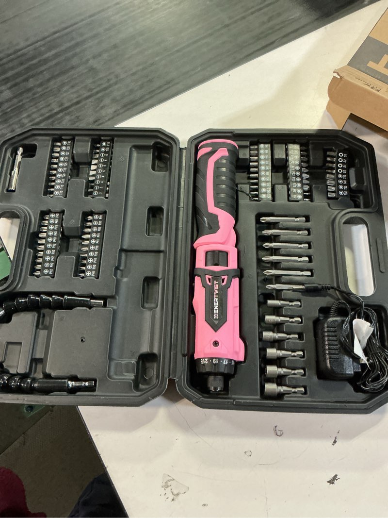 Condition photo showing Good Condition for enertwist electric screwdriver, 8v max 10nm pink cordless screwdriver rechargeable set with 82 accessory kit and charger in carrying case, 21+1 cluth, dual position handle, led light 82pcs 8v pink
