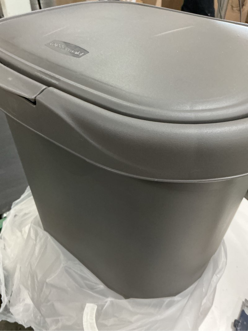 Condition photo showing As Is for rubbermaid spring top trash can with lid 13 gallon gray plastic garbage bin for home/kitchen/office/garage spring top gray