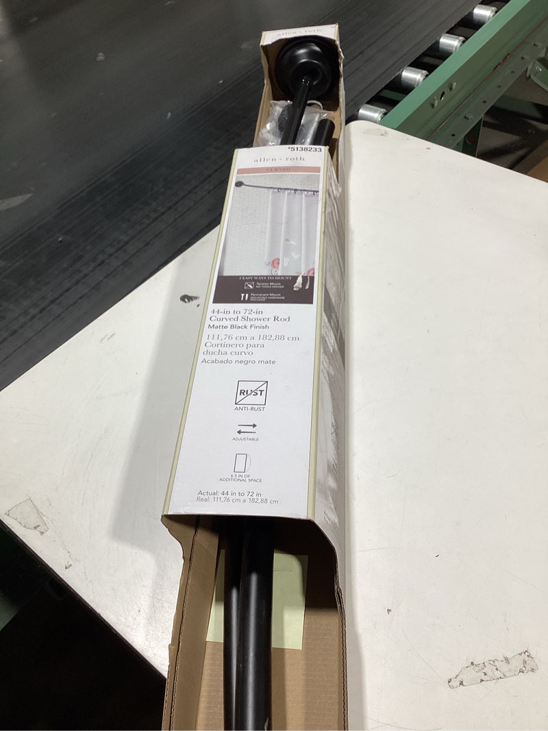 Condition photo showing New/Like New for Allen + Roth 44-in to 72-in Matte Black Fixed or tension Single curve Adjustable Shower Curtain Rod