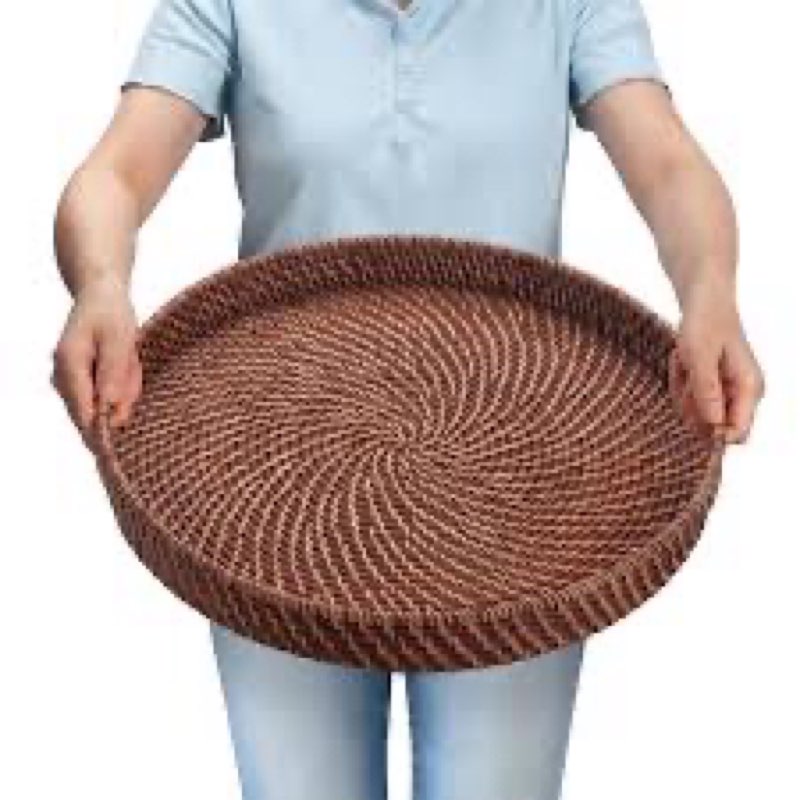 16.9 inch Rattan Tray, Round Wicker Tray with Cut-Out Handles, Woven Serving Tray for Dining/Coffee 
