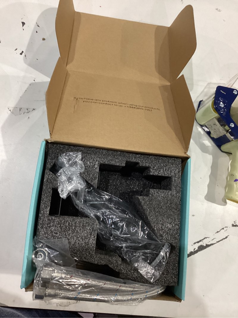 Condition photo showing As Is for Cobbe Waterfall Bathroom Faucets 3 Hole, Matte Black Bathroom Sink Faucet Square 4 Inch Centerset with Pop-Up Drain, 2 Handle and 2 Supply Hoses, Lead-Free Stainless Steel for Vanity Sink Rv 4 Inch Centerset Black