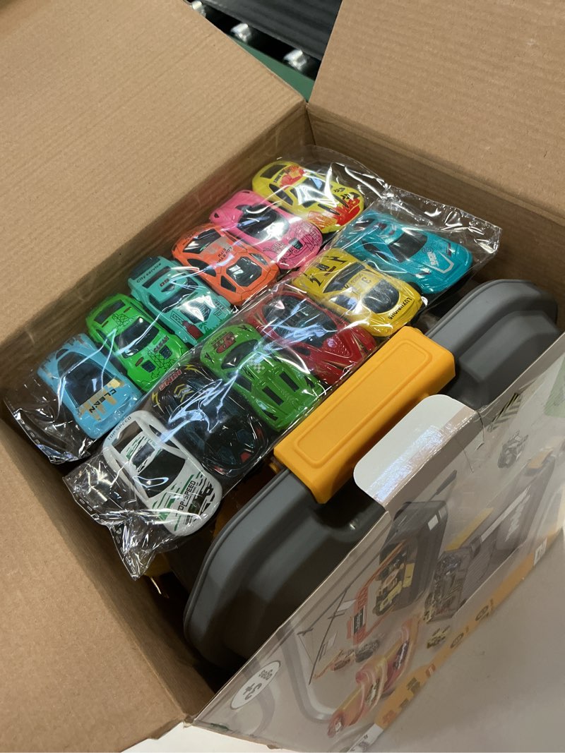 Condition photo showing Good Condition for Toy Car Track Storage Playset - Toddler Toys for Ages 2-4, Toy Car Set for Hot Wheels & Matchbox with 12 Diecast Cars, PlayMat, Race Tracks, Car Ramp, Kids Birthyday Gift for 1 2 3 4 5 Year Old Boys