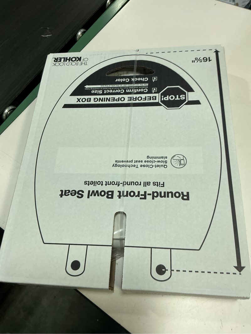 Condition photo showing New/Like New for kohler 20111-0 brevia, slow close toilet seat, round toilet seat, grip-tight bumpers quick-attach hardware, white